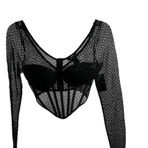 NWT Sincerely Jules  Black Sheer Long Sleeve Bustier Sparkly Size Small Zipper